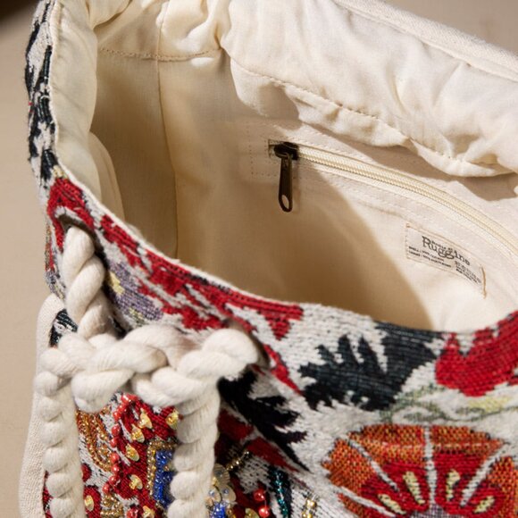 Handmade Boho Chic Backpack - Charming Jacquard Flower Pattern - Fine Cotton - Picture 7 of 11